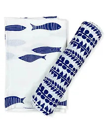 Tiny Lane 100% Organic Bamboo Cotton Muslin Baby Swaddle Wrappers Fish & Stems Print Pack of 2- Multicolor
