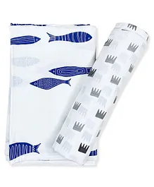 Tiny Lane 100% Organic Bamboo Cotton Muslin Baby Swaddle Wrappers Crown & Fish Print Pack of 2- Multicolor