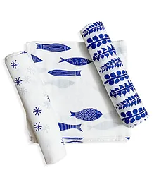 Tiny Lane 100% Organic Bamboo Cotton Muslin Baby Swaddle Wrappers Fish Stem & Flower Print Pack of 3- Multicolor