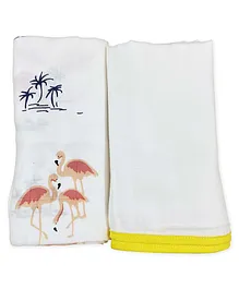 Tiny Lane 100% Organic Bamboo Cotton Muslin Baby Swaddle Wrappers Flamingo & Classic White Print Pack of 2- Multicolor