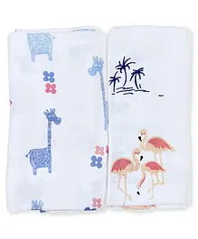 Tiny Lane 100% Organic Bamboo Cotton Muslin Baby Swaddle Wrappers Flamingo & Giraffe Print Pack of 2- Multicolor