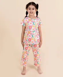 Pspeaches 100% Cotton Half Sleeves Sunflower Printed Night Suit - Pink