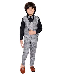 Fourfolds Full Sleeves Solid Shirt With AAll Over Checked Waistcoat & Coordinating Pant - Black