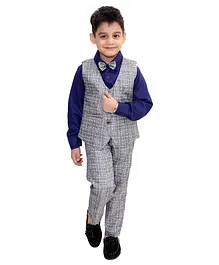 Fourfolds Full Sleeves Solid Shirt With AAll Over Checked Waistcoat & Coordinating Pant - Navy Blue