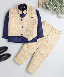 Fourfolds Full Sleeves Solid Shirt With Shepherd Block Checked Waistcoat & Coordinating Pant - Yellow