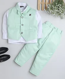 Fourfolds Full Sleeves Solid Shirt With Front Pocket Waistcoat & Coordinating Pant - Green