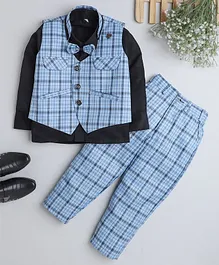 Fourfolds Full Sleeves Solid Shirt With All Over Checked Waistcoat With Coordinating Pant - Blue