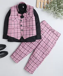 Fourfolds Full Sleeves Solid Shirt With All Over Checked Waistcoat With Coordinating Pant - Pink