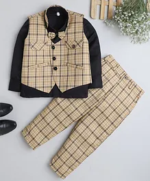 Fourfolds Full Sleeves Solid Shirt With All Over Checked Waistcoat With Coordinating Pant - Yellow
