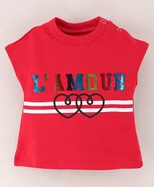 Under Fourteen Only Short Sleeves Lamour Text & Heart Placement Printed Top - Red
