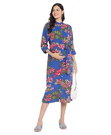 Momsoon Three Fourth Sleeves Floral Print Maternity Side Slit Shirt Dress - Blue
