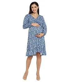 Momsoon Full Sleeves Floral Print Maternity Nursing Wrap Dress - Blue