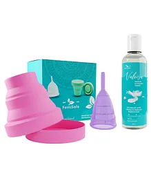 FemiSafe Reusable Menstrual Cup  with Collapsible Microwave Safe Sterilizer & Valoisa Herbal Intimate Wash Combo Pack Large- 30 ml