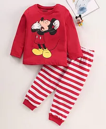 Disney by Babyhug 100% Cotton Full Sleeves Tee with Pyjama Set Mickey Mouse Print - Red