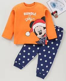 Disney by Babyhug Cotton Knit Full Sleeves Nightwear Pyjama Set Stripes Mickey Mouse Print - Orange