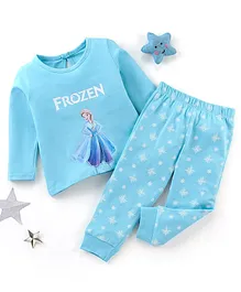 Disney by Babyhug 100% Cotton Knit Full Sleeves Night Suit Frozen Print - Blue