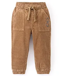 Babyhug Full Length Stretchable Cotton Corduroy Joggers Spec Embroidery-Khaki