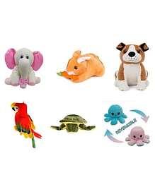 Deals India Combo of 6 Bull Dog Sitting Elephant Turtle Rabbit with Carrot Parrot and Octopus Soft Toys Multicolor - Length 26 cm