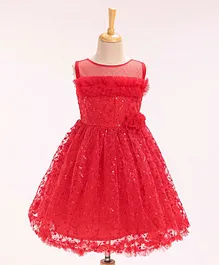 The KidShop Sleeveless Floral Embroidered & Embellished Ruffled Dress - Red