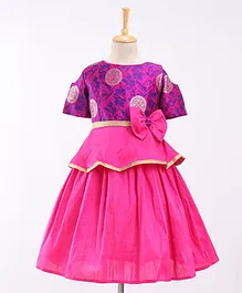 The KidShop Cold Shoulder Half Sleeves Brocade Bodice Bow Applique Peplum Style Semi Party Dress - Pink & Purple