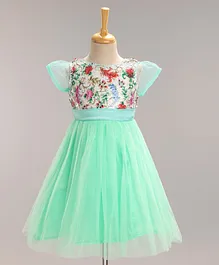 The KidShop Cap Sleeves Floral Design Sequin Embellished Bodice Fit & Flared Tulle Party Wear Dress - Sea Green