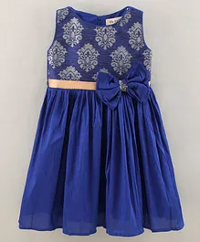 The KidShop Sleeveless Damask Printed Bodice Flared Bow Applique Party Wear Dress - Blue