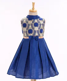 The KidShop Sleeveless Damask Embroidered Bodice Pleated Fit & Flared Party & Ethnic Wear Dress- Blue