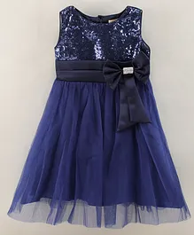 The KidShop Sleeveless Sequin Embellished Yoke & Bow Detailed Fit & Flare Dress - Blue
