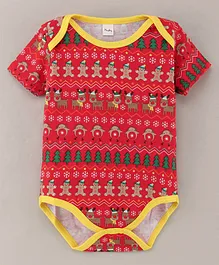 Half Sleeves Seamless Gingerbread Man & Christmas Tree Printed Onesie - Multi Colour