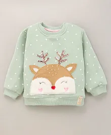 Little Kangaroos Full Sleeves Winter T-Shirt Reindeer Applique - Tea Green