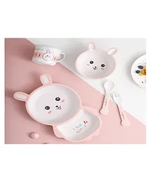SANISHTH Cartoon Animal Monkey Bamboo Fiber Dinnerware Plate and Bowl Set for Kids Toddler Plate Bowl Cup Spoon Fork Eco Friendly Non Toxic Self Feeding Baby Utensil Set of 5 Pieces - Light Pink