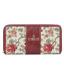 The Clownfish Aria Collection Tapestry Fabric & Faux Leather Zip Around Style Wallet With Card Holders Floral - White 