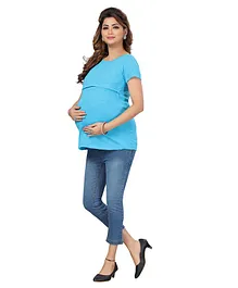 Mama & Bebe Half Sleeves Solid Melange Soft Knitted Maternity & Nursing Tee With Concealed Zipper - Blue
