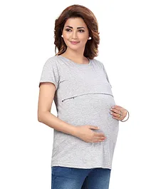 Mama & Bebe Half Sleeves Solid Melange Soft Knitted Maternity & Nursing Tee With Concealed Zipper - Grey