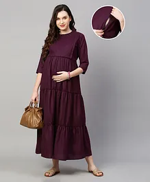 MomToBe Three Fourth Sleeves Solid Tulle Maternity Dress - Plum