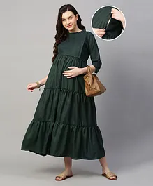 MomToBe Three Fourth Sleeves Solid Tulle Maternity Dress - Dark Green