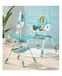 3 In 1 Recline Folding Baby High Chair With Adjustable Feeding Seat Along With Pu Cushion & Wheels - Blue