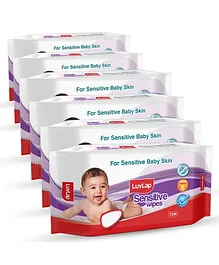 LuvLap Baby Sensitive Wipes Fragrance Free Pack Of 6 - 72 Pieces Each