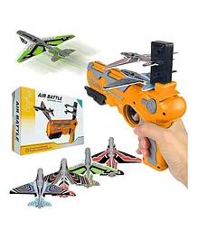 VGRASSP Air Battle Gun Toy with 4 Paper Foam Glider Planes Kids Gadget for Fun Outdoor Sports Activity Catapult Pistol with Continuous Shooting Flyers Color And Design May Vary