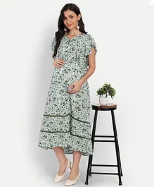 Aaruvi Ruchi Verma Half Flutter Sleeves Floral Printed Maternity Dress - Green