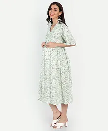 Aaruvi Ruchi Verma Half Sleeves Floral Printed Bodice Gathered Maternity Dress - Green