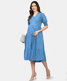 Aaruvi Ruchi Verma Half Puffed Sleeves Seamless Abstract Swirl Printed Tiered Maternity Dress - Blue