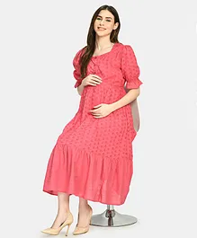 Aaruvi Ruchi Verma Half Puffed Sleeves Floral Schiffli Detailed Fit & Flare Maternity Dress - Pink