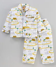 Yellow Duck Cotton Woven Full Sleeves Nightwear Pyjama Set Dino Print - White