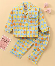 Yellow Duck Cotton Woven Full Sleeves Night Suit Lime & Lemon Print - Blue