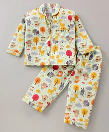 Yellow Duck Full Sleeves Cotton Nightsuit Jungle Print- Green