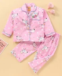 Yellow Duck Full Sleeves Night Suit Dog Print - Pink
