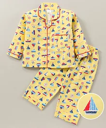 Yellow Duck Cotton Woven Full Sleeves Night Suit Boat Print - Yellow