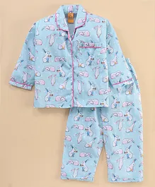 Yellow Duck Cotton Woven Full Sleeves Night Suit Bunny Print - Blue