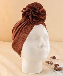 KIDLINGSS Flower Applique Detailed Textured Turban Style Cap - Dark Brown